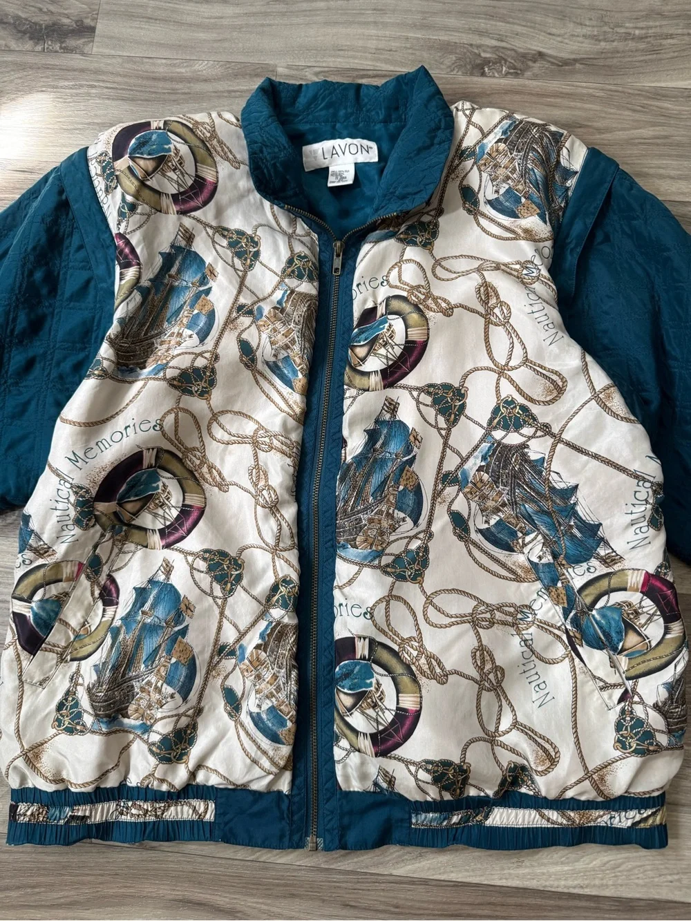 Vintage 100% Silk Novelty Print Nautical Bomber Jacket Convertible Vest Coastal